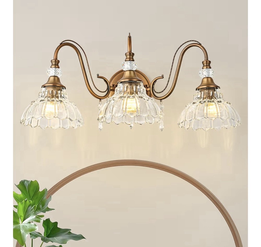 Vintage 3 Light Bathroom Vanity Crystal Accents Flower Glass Shades Matte Brass
