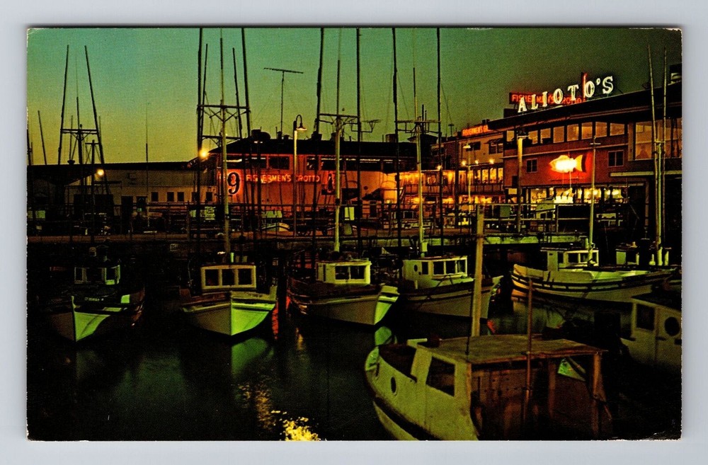 San Francisco CA-California, Fisherman's Wharf at Night Antique Vintage Postcard