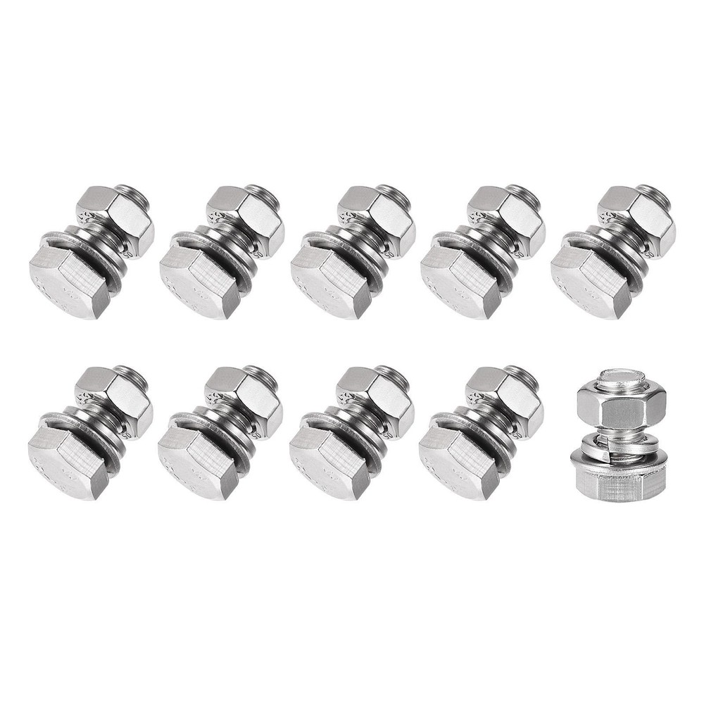 M8x16mm Hex Head Screws, Bolts, Nuts, Flat & Lock Washers Kit - 10 Sets for Secure Fastening and Durable Assembly