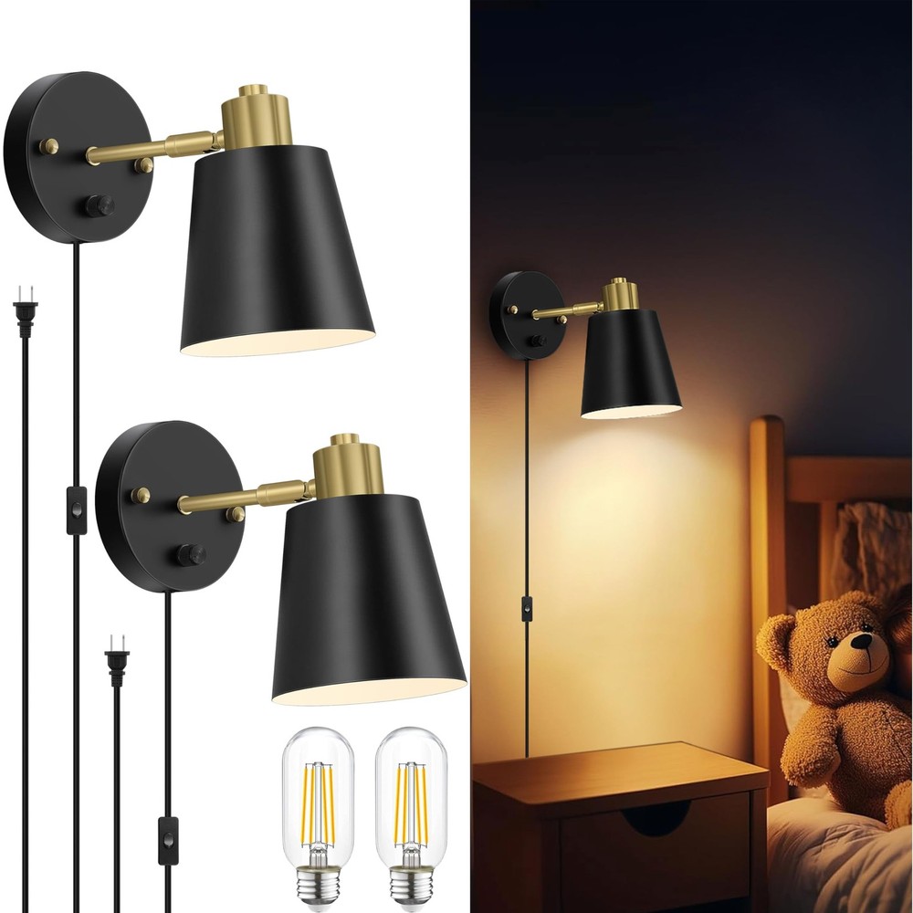 Plug in Wall Sconces Set of 2, Dimmable Wall Lights with Plug in Cord and Dim...