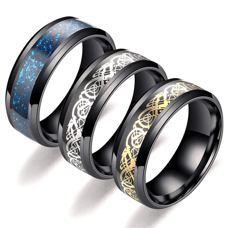 8mm Silvering Dragon Inlay Comfort Fit Stainless Steel Men Jewelry Wedding Rin