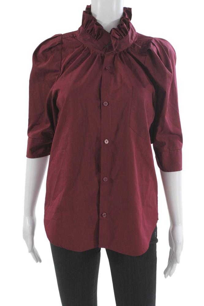 KMJ Womens Red High Neck Button Up Cotton 3/4 Sleeve Classic Blouse Size XSFree Shipping in US $100+ Orders | $6.95 Orders Below