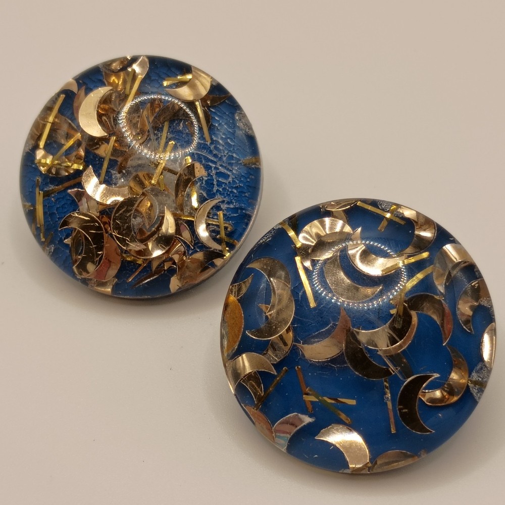 Vintage Blue Gold Crescent Moon Clip On Earrings READ