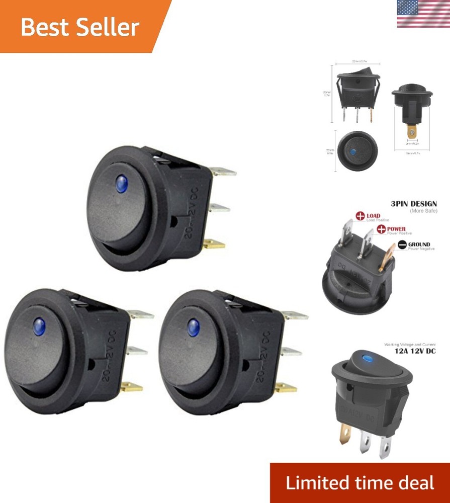 Durable 12V 20A SPST Rocker Toggle Switch with LED Light - 3-Piece Set