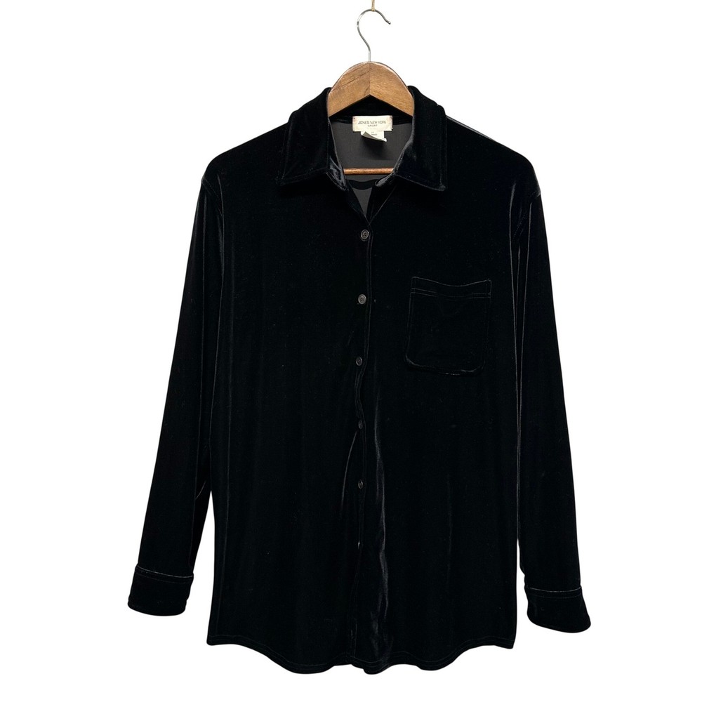Vtg Women's Button Up Shirt Velvet Long Sleeve Tunic Size M Black Popover Mature