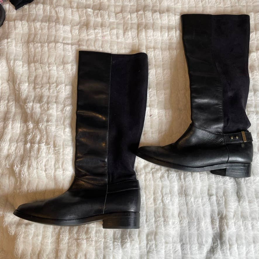 COLE HAAN H13 D40521 Black Leather Suede Knee High Riding Buckle Boots 8