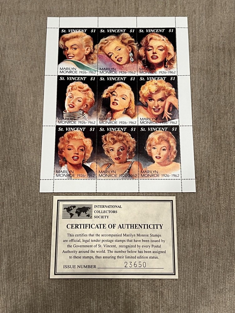 Rare Marilyn Monroe St. Vincent $1 Stamp, 9 Stamps Unused 1926-1962 with COA