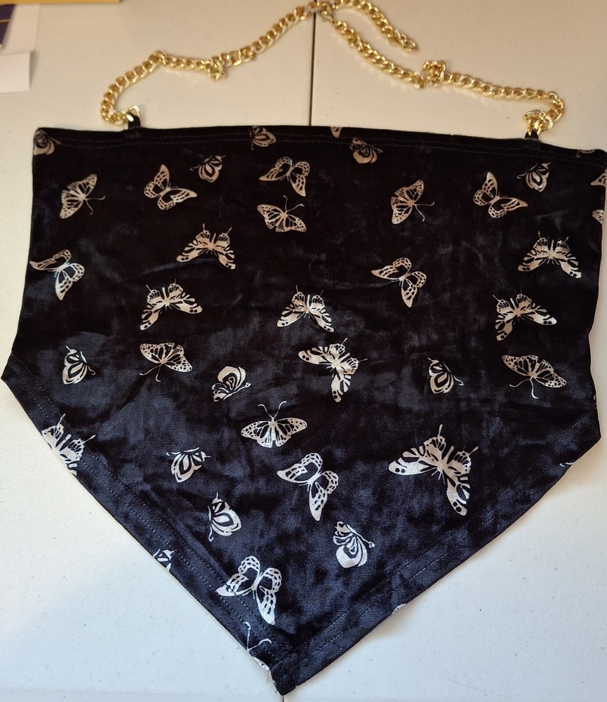 Velvet Bandana Crop Top Large Black Gold Butterfly Halter Strap Y2K Grunge