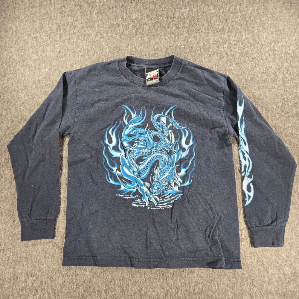 Vintage Top Heavy Dragon Graphic T-Shirt Boys Size M Blue Black Long Sleeve Y2K