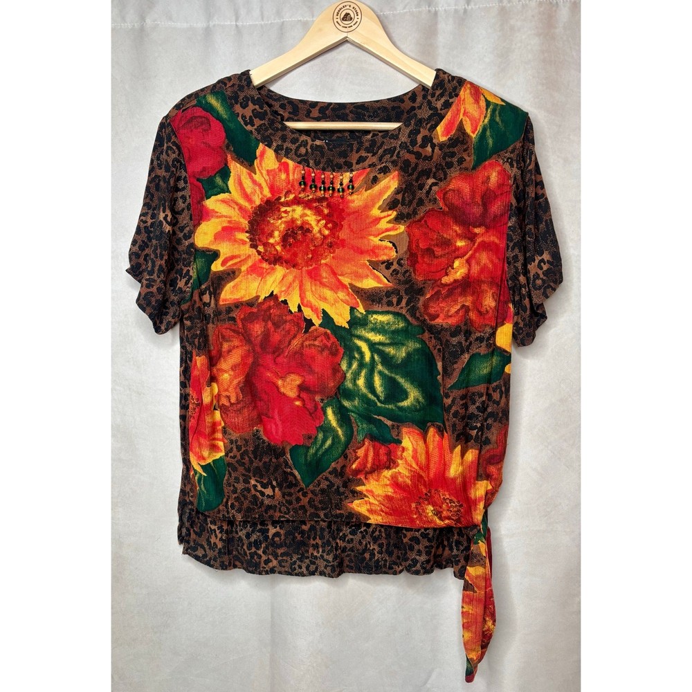Vintage Carole Little Floral Leopard Rayon Blouse Tie Side Size 10