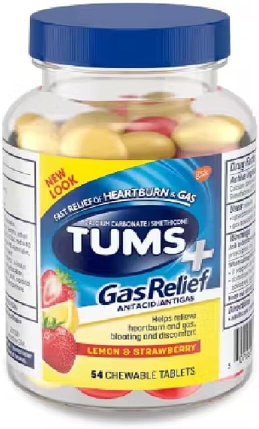 TUMS Chewy Bites Chewable Antacid Tablets with Gas Relief, Lemon & Strawberry -