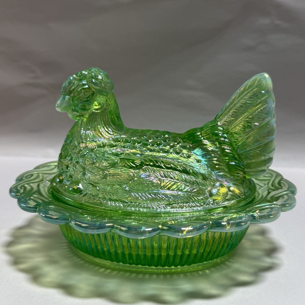 Rare Mosser Glass Green Opalescent Carnival Hen On Nest