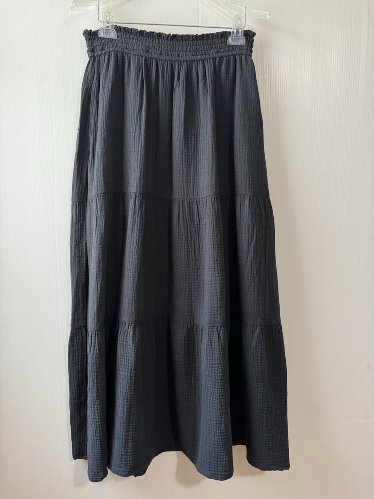 Marine Layer Corinne Double Cloth Maxi Skirt Womens L Black Smocked Tiered Boho