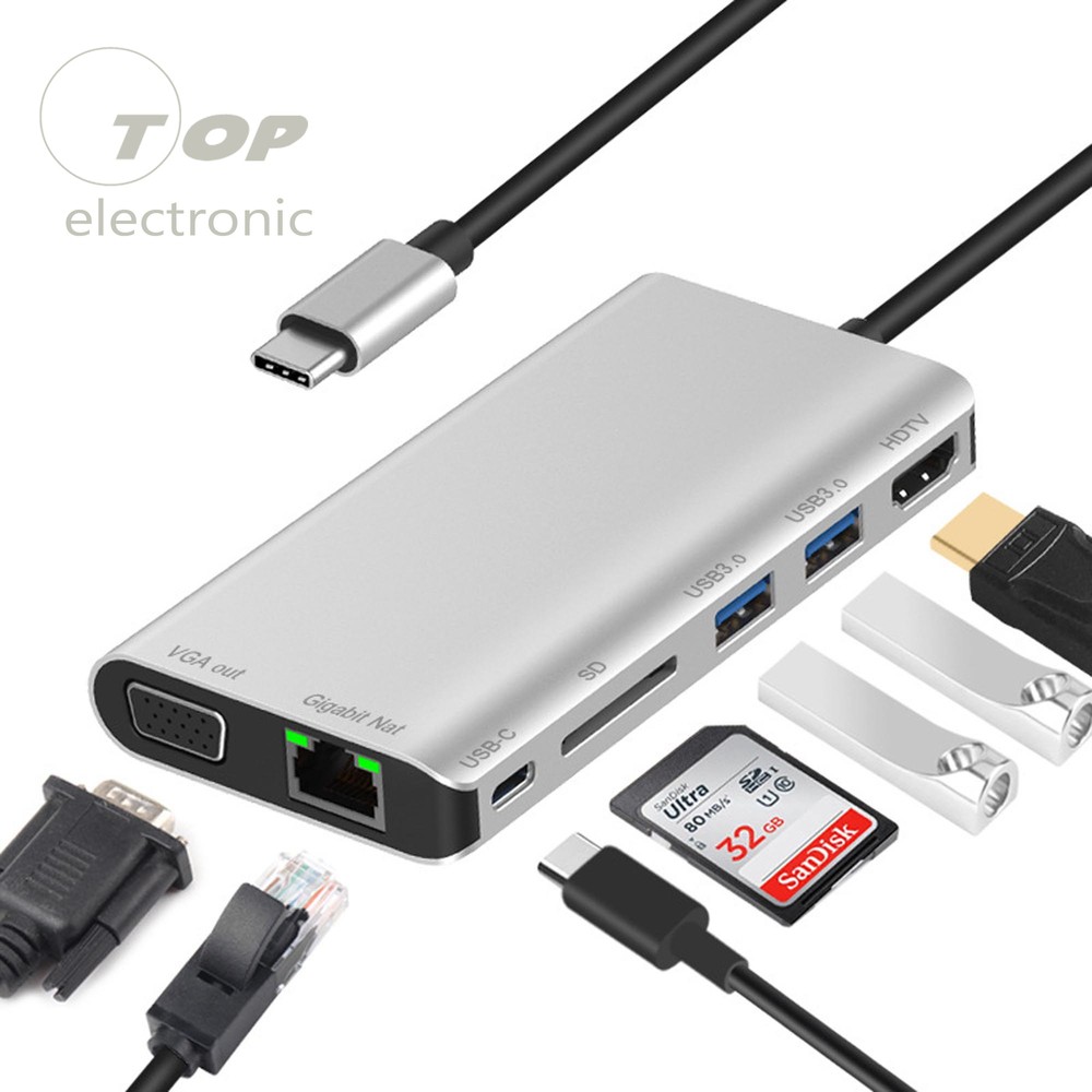 Usbc To Rj45 Lan 4K Hdmi Vga 2Usb 3.0 Sd Card Slot Reader 8 in 1 Type C Adapter