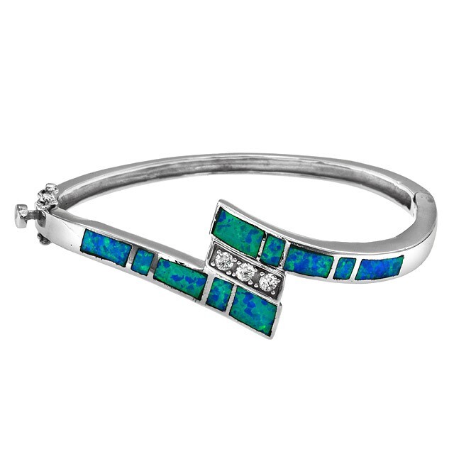 Australian Opal Inlay & Topaz 925 Sterling Silver Bangle Bracelet Jewelry ,OB8