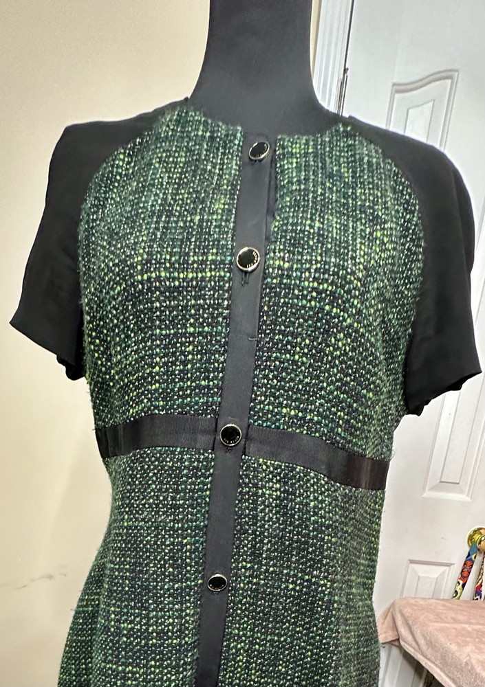 Ted Baker Black Green Tweed short Sleeve Side Zip Fitted Dress Pockets  US 10