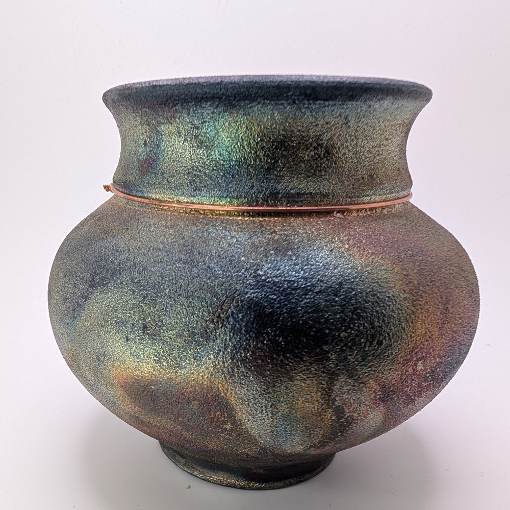 Artist Signed Raku Pottery Vase Pot Vessel Iridescent - Lori Bonz