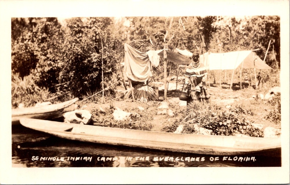 Florida Seminole Indian Camp Everglades Wooden Dug Out Canoe RPPC Postcard 24127