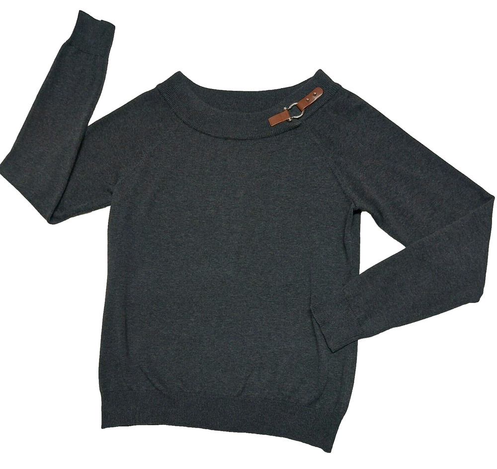 Lauren Ralph Lauren Gray Long Sleeve Sweater Faux Leather Buckle Women's XL