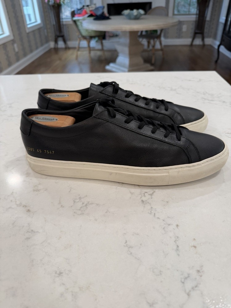 Common Projects Achilles Black Leather Lace-Up Sneakers Men's Size 45 White Sole-image