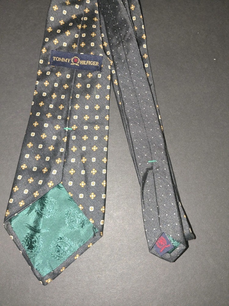 Tommy Hilfiger Silk Men's Tie Black Gold Geometric Woven Pattern