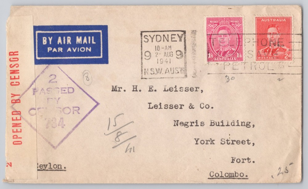 Sydney, Australia airmail to Colombo, Ceylon, censored cover, 1941