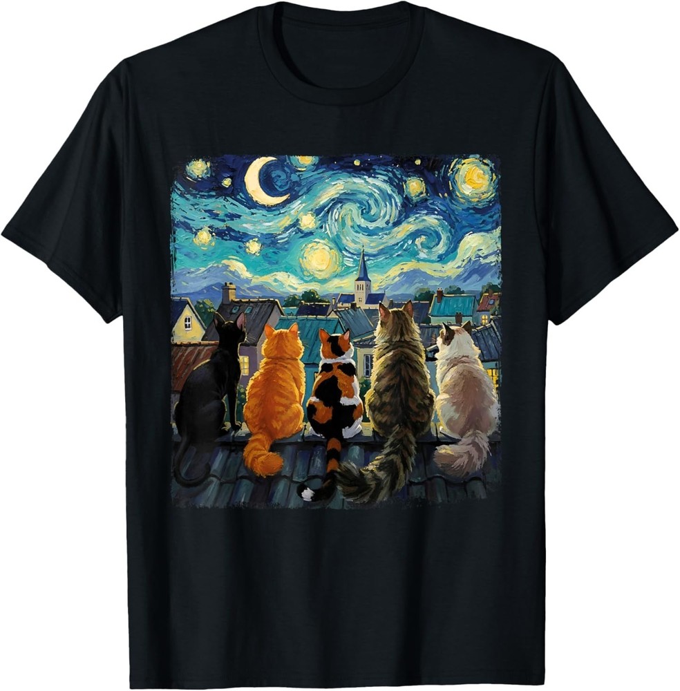 Funny Cat Starry Night Van Gogh Cats Rooftop Scene Feline T-Shirt