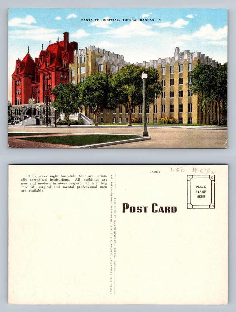 Topeka, KS-Kansas, Santa Fe Hospital Scene Souvenir Vintage Postcard