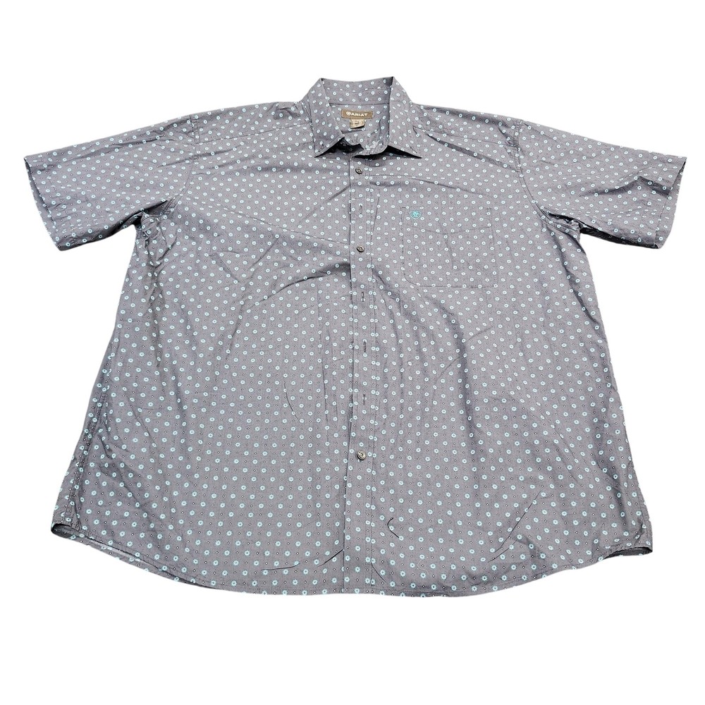 Ariat Shirt Mens 2XL Gray Polka Dot Short Sleeve Button Front Western Casual