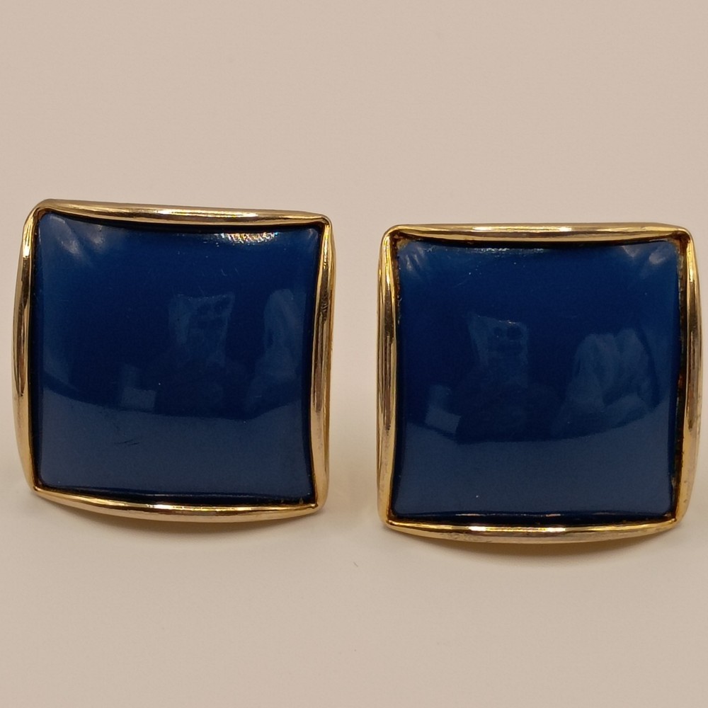 Vintage Navy Blue Square Clip On Earrings Gold Tone 80s Retro
