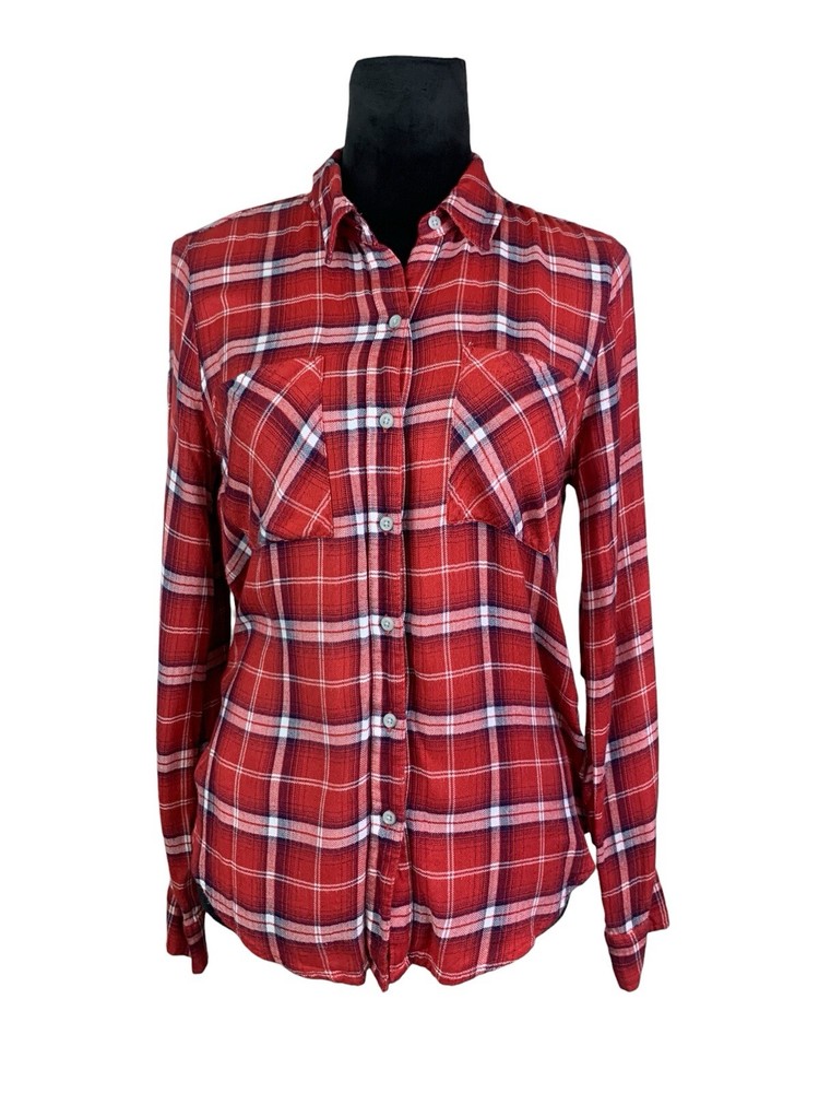 Lucky Brand Red Modal Plaid Flannel Button-Up Tunic Size S Super Soft