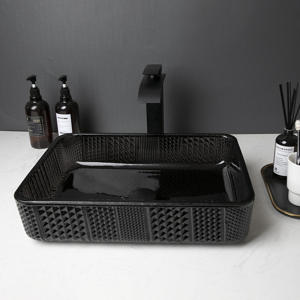 18-inch black ceramic vessel sink faucet set with drain