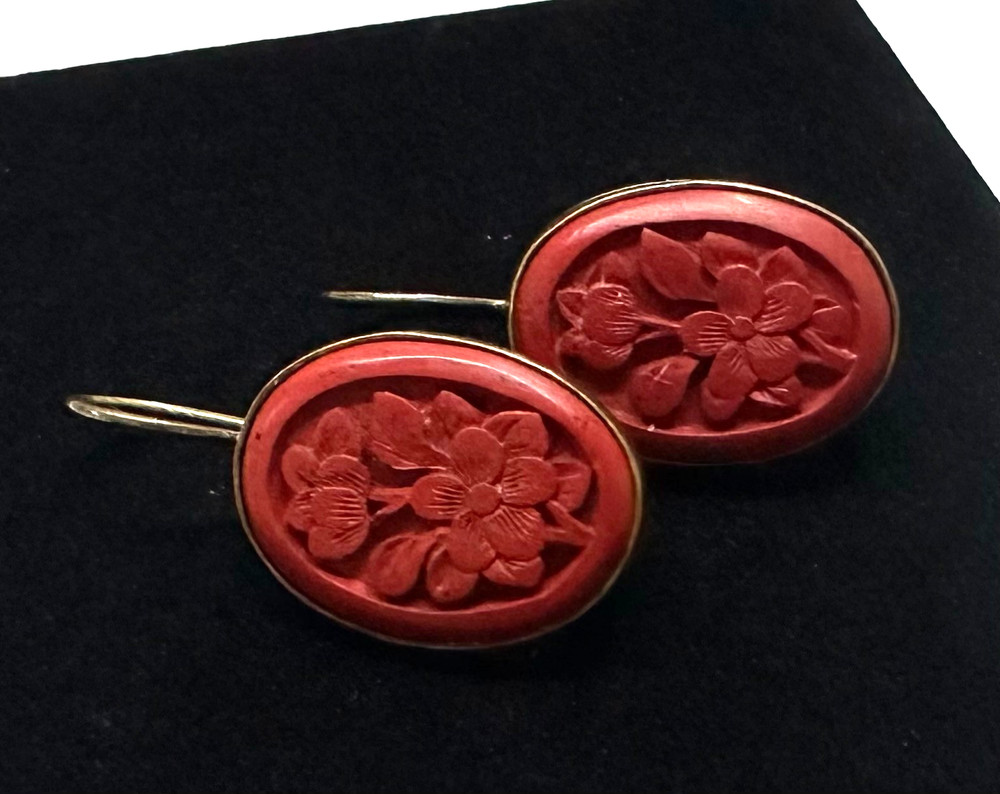Vintage Red Carved Flower Earrings MARKED 925 Sterling Silver Jewelry Lot H