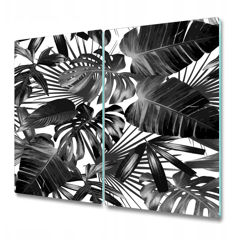 Glass Chopping Board Worktop Saver Black and white tropical leaf Dark fabric art