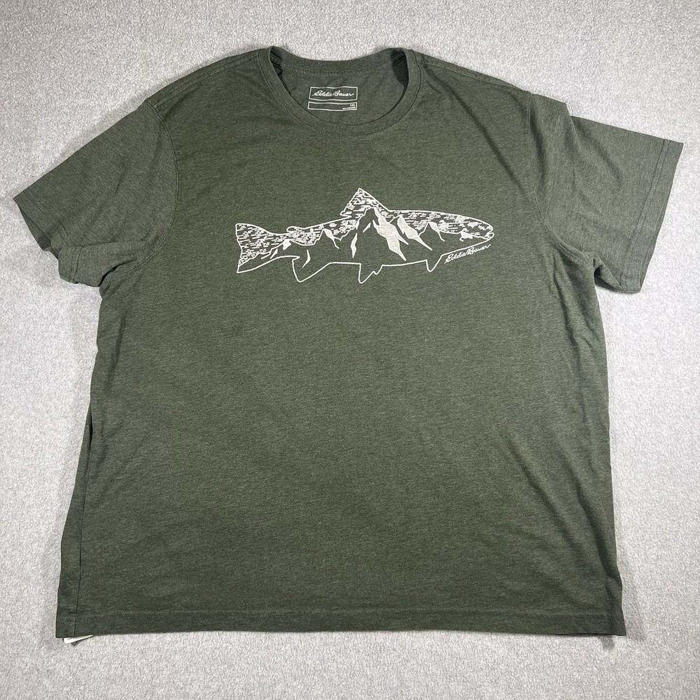 Eddie Bauer T Shirt Mens XXL Green Graphic Fish Cotton Polyester Jersey