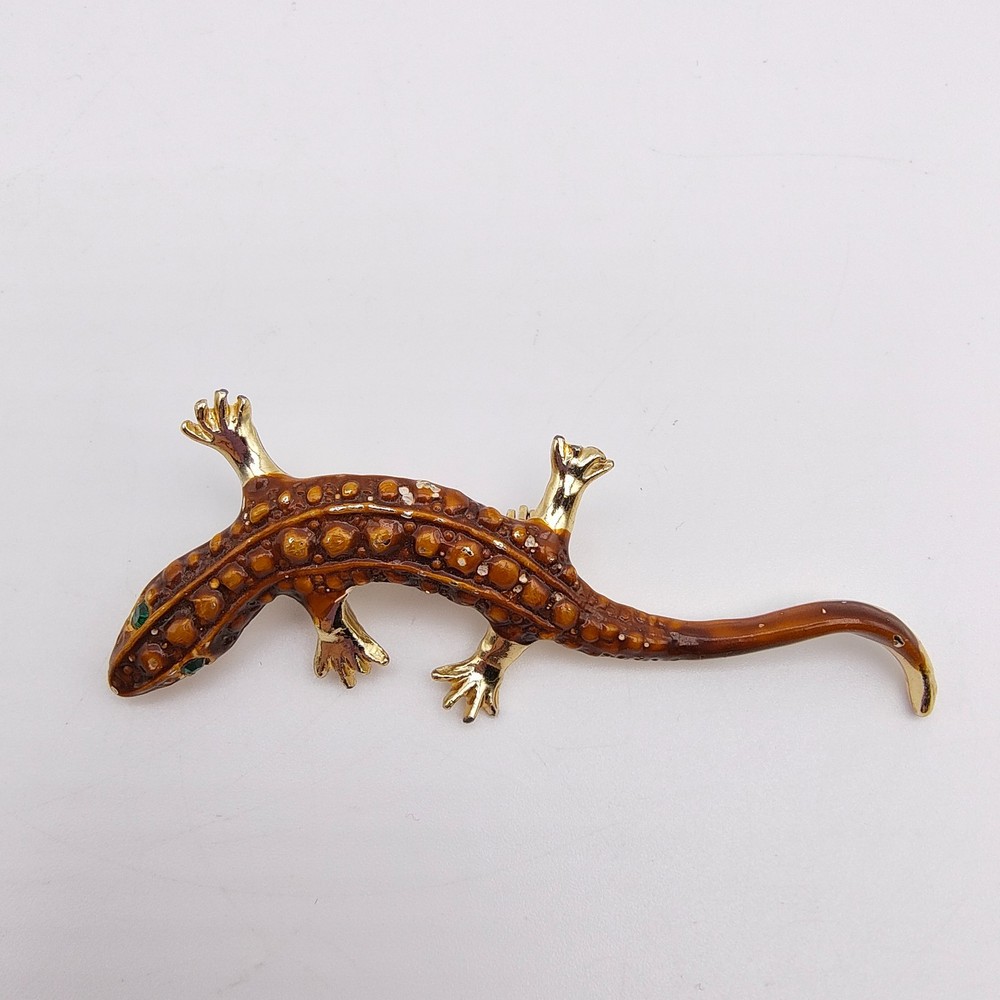 Vintage Lizard Brooch Gold Tone Brown Enamel Green Eyes Salamander Gecko