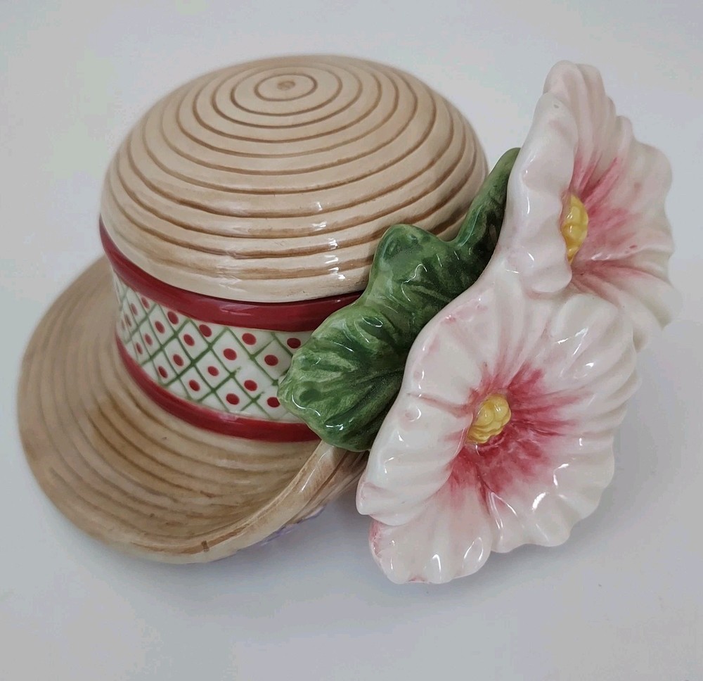 Vintage Fitz & Floyd Ceramic Trinket Box Straw Hat with Pink Hibiscus Box w/Lid