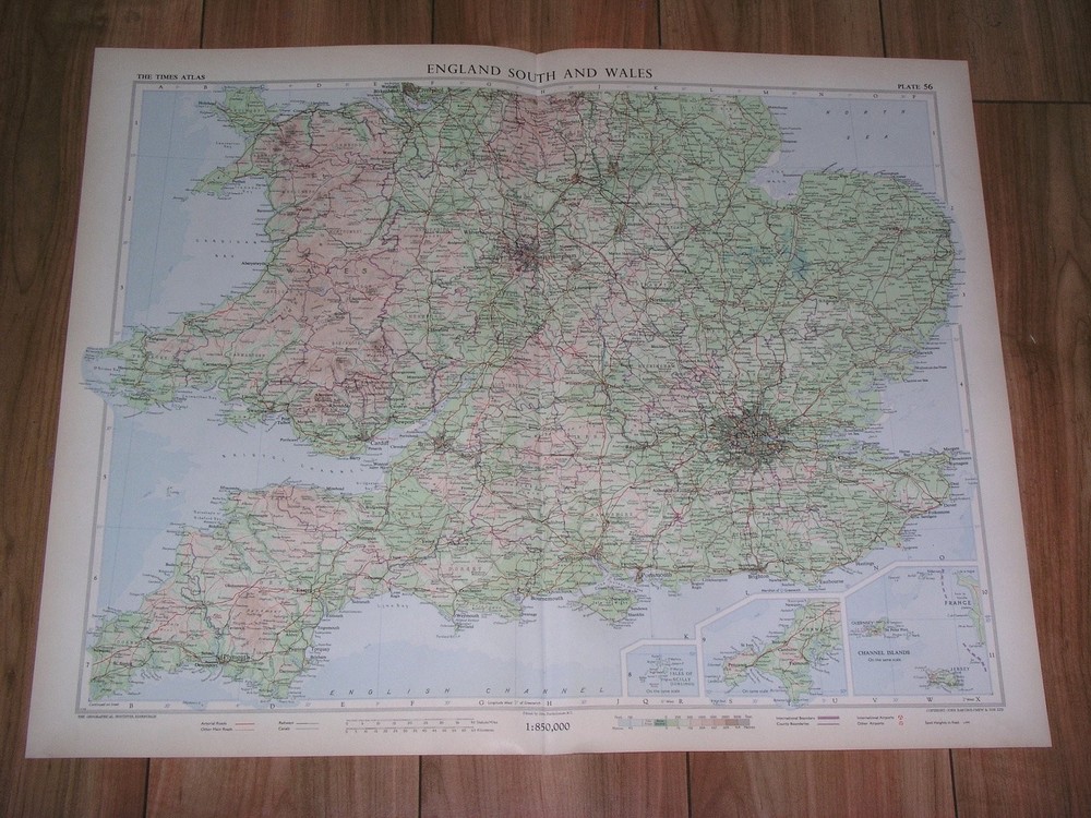 1955 Vintage Map Of Southern England London / Wales  / Scale 1:850,000