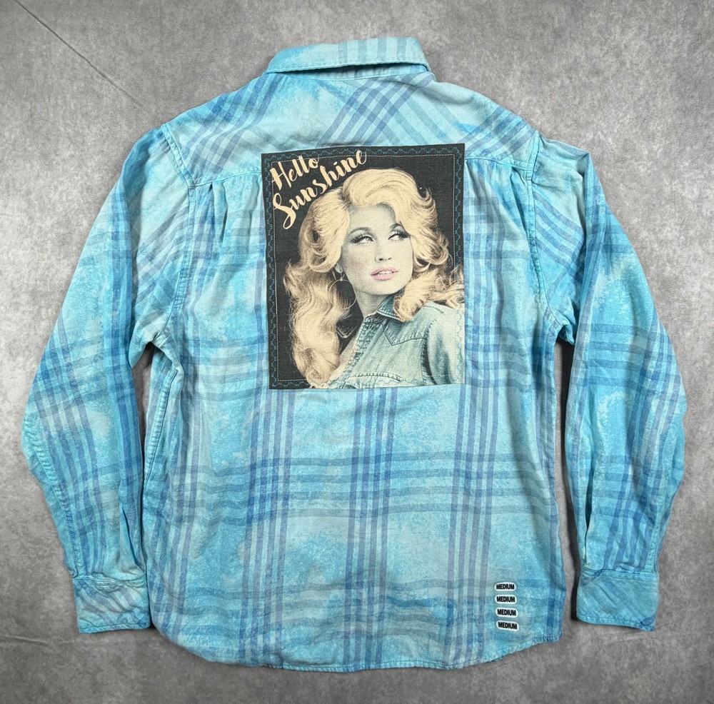 Angry Minnow Mens Flannel Shirt 100% Cotton Blue Plaid Dolly Parton M