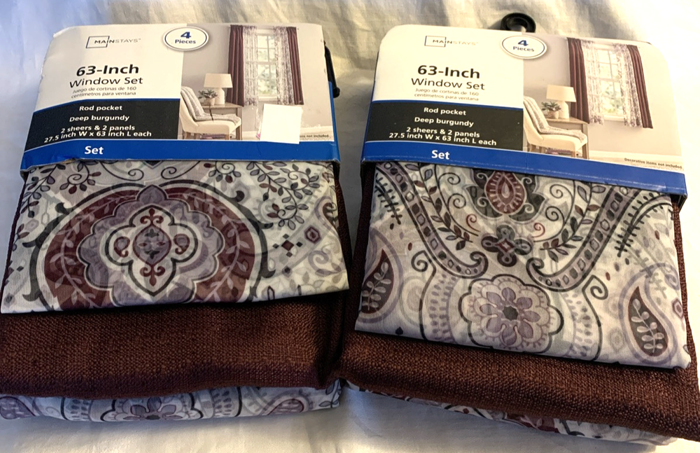 Burgundy & Gray 2-Window Curtain Set - 4 Panels & 4 Sheers, 63 x 27.5 Inches