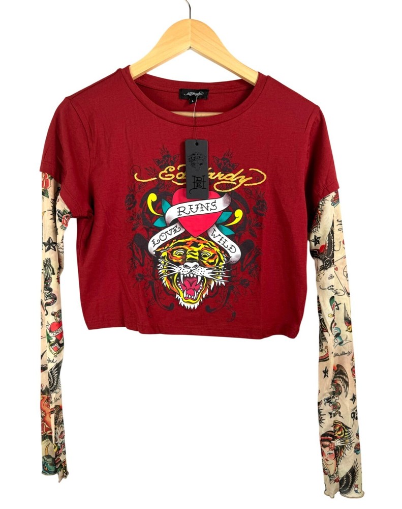 Ed Hardy Tattoo Sheer Mesh Sleeve Shirt Long Sleeve Vintage Y2K sz L