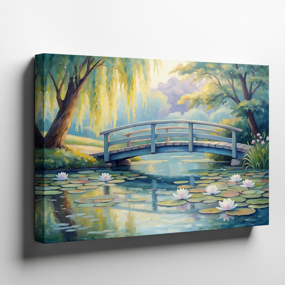 Serene Garden Canvas Wall Art Blue Bridge Water Lilies Floral Nature Print Decor