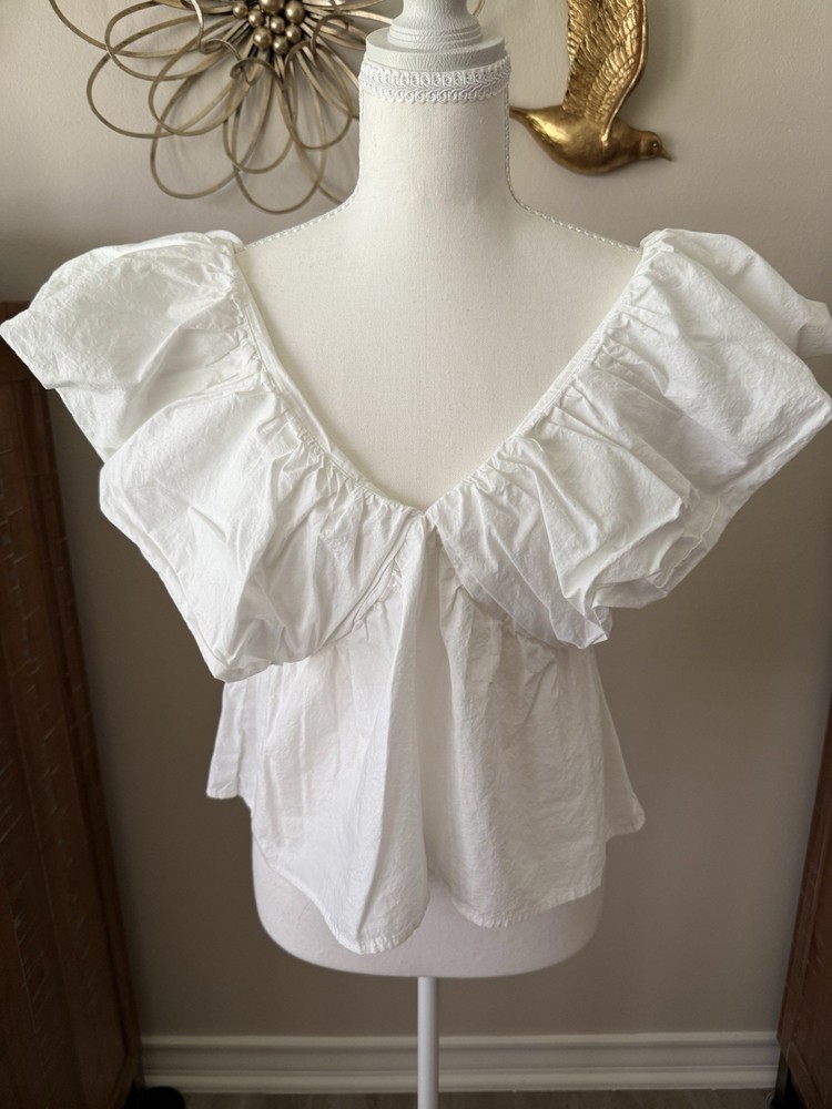 Day + Moon White Ruffle Puff Sleeve Open Back Peplum Blouse Top Size L