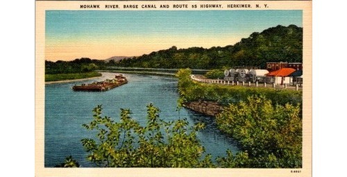 Herkimer NY Postcard: Mohawk River Barge Canal Route 5S - 1950s Linen Canal+Road