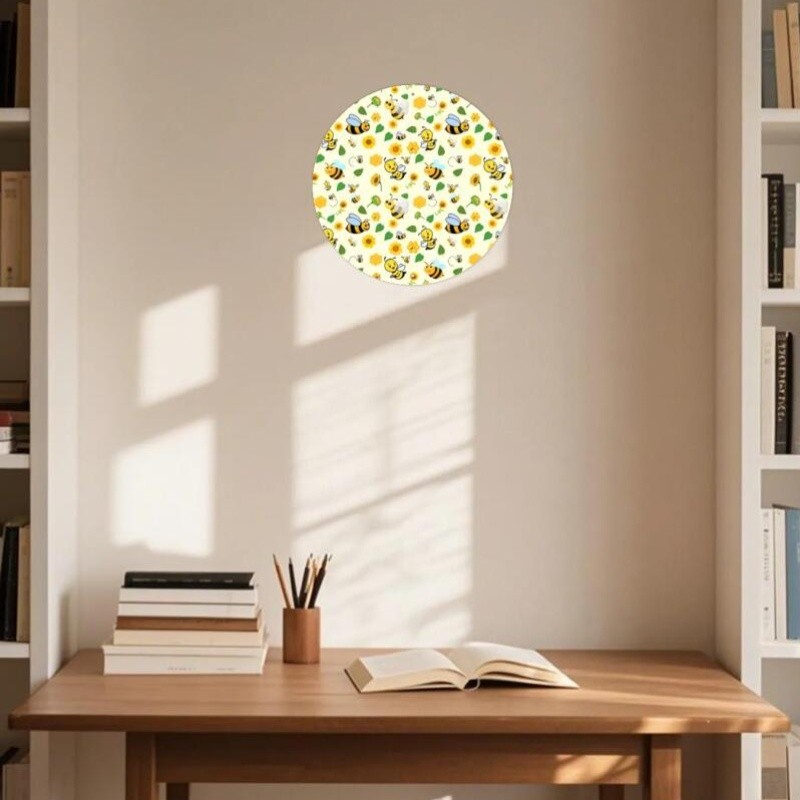 Cute Bee Sunflower Round Aluminum Painting for Living Room
