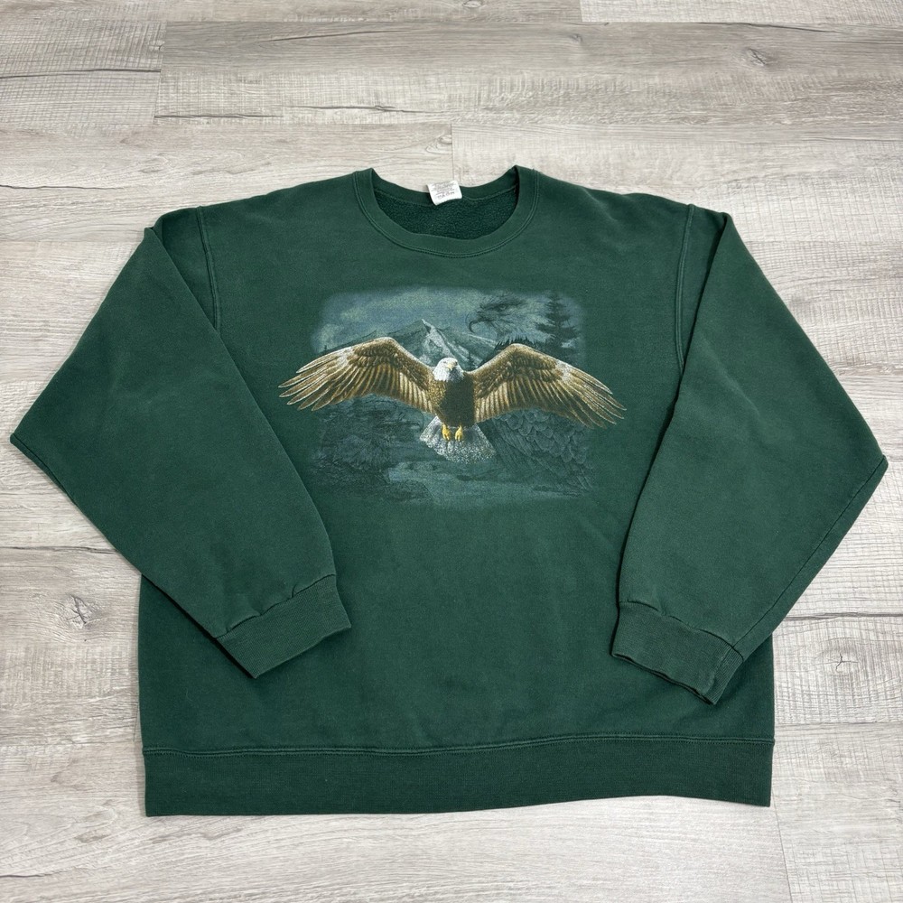 2000s Jerzees Mens Large Green Bald Eagle Wildlife Pullover Crewneck Sweater