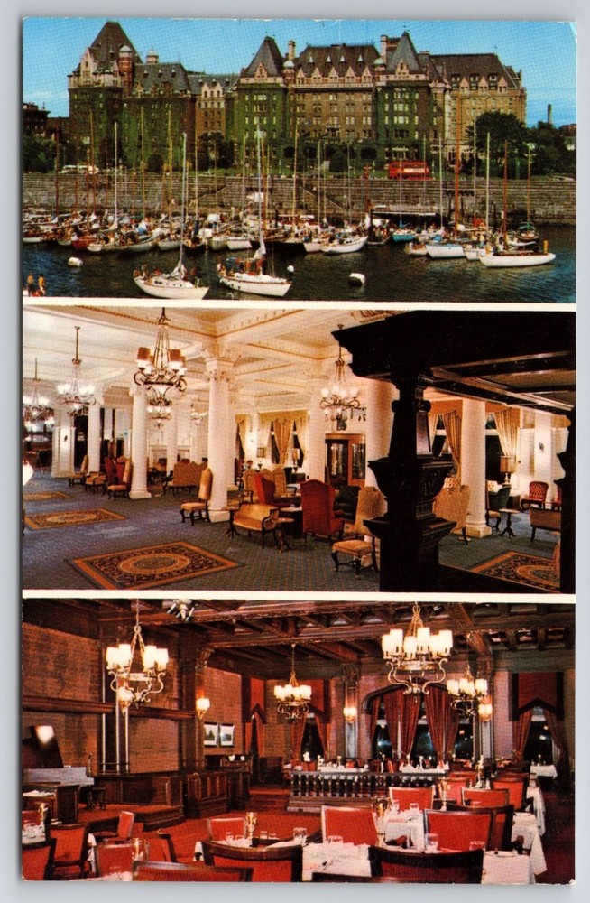 Empress Hotel Victoria BC Postcard Inner Harbour Interiors Chrome Canada