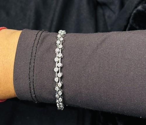 Certified Moissanite Bezel Set Tennis Bracelet Tow Row 14k White Gold Plated