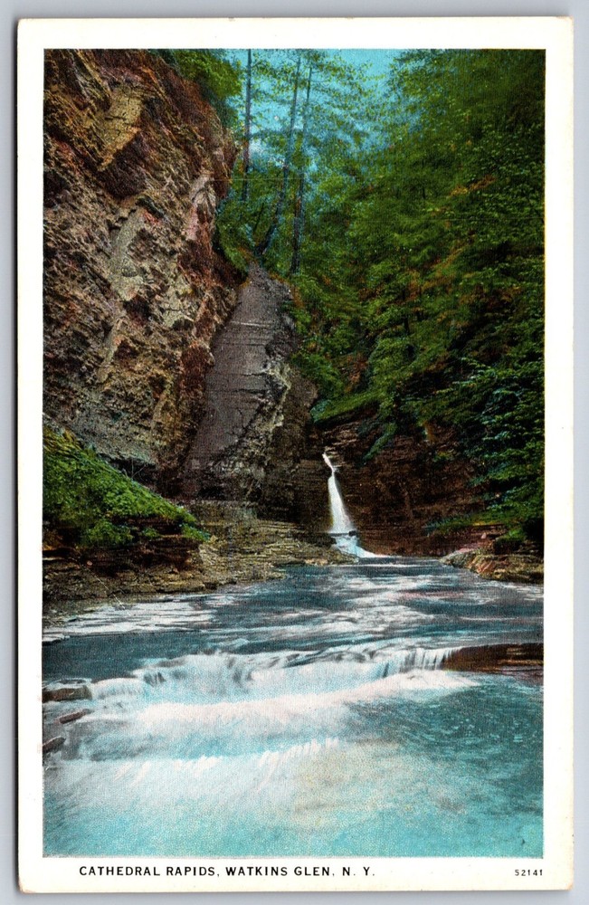 Theme~Watkins Glen New York~View @ Cathedral Rapids~American Art Vtg Postcard