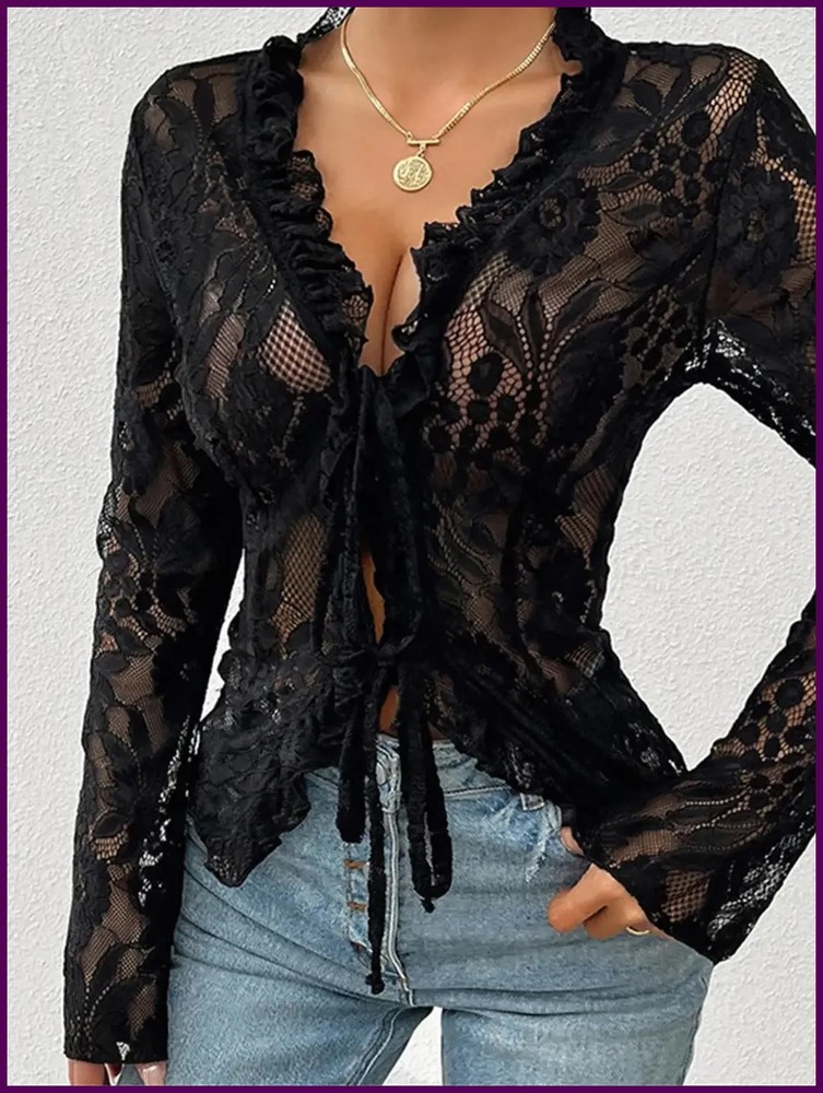 Women Gothic Lace Shrug Crop Tops Flare Long Sleeve Vintage Shirts Blouses